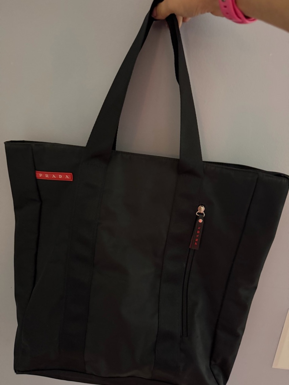 Prada Black Nylon Tote with Red Logo Accent